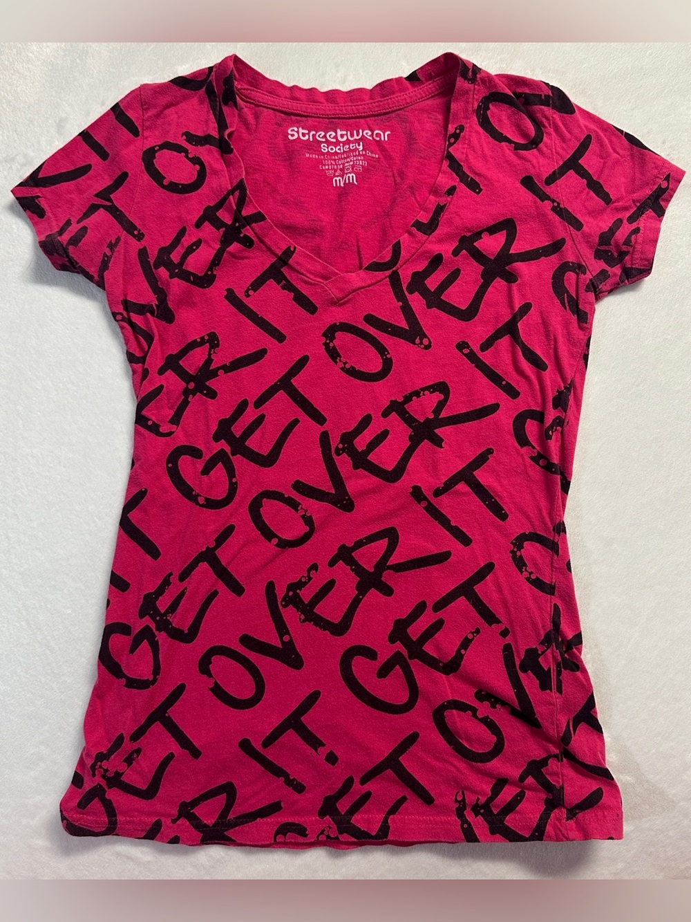 Y2K SWS women's pink black graphic "get over it" slim v-neck tee, M.